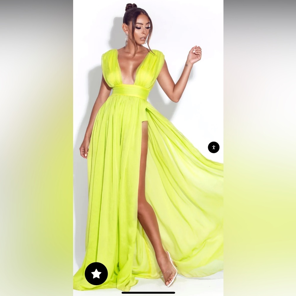 MissCircle Valley of Angels lime silk pleated high slit Maxi Dress